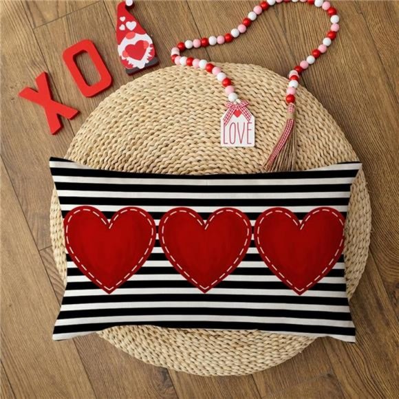 Valentines Day Throw Pillow Cover Decorative Accent Case Striped Heart Decor - Picture 3 of 7